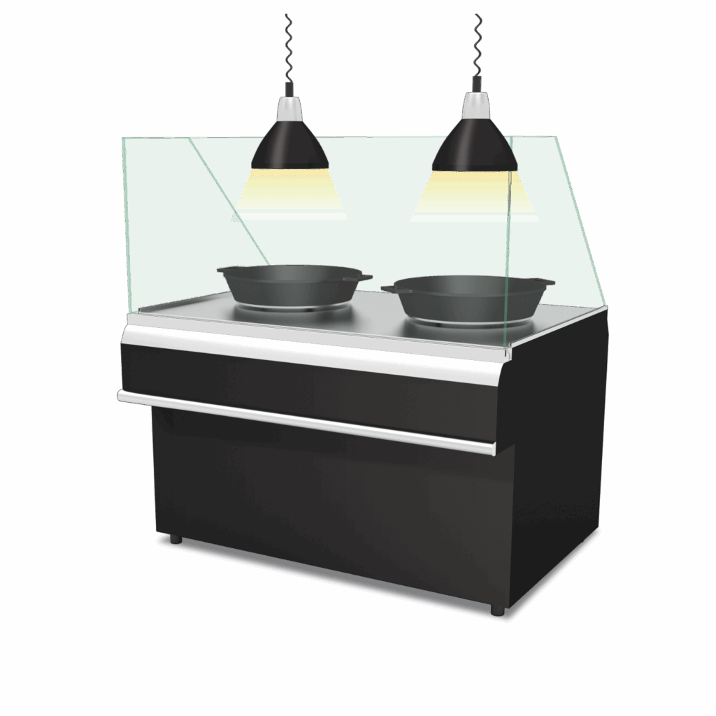 Professional rotisserie oven with hot food display counter and heat lamps for restaurants | Rôtissoire avec vitrine chauffante et lampes chauffantes pour restaurants