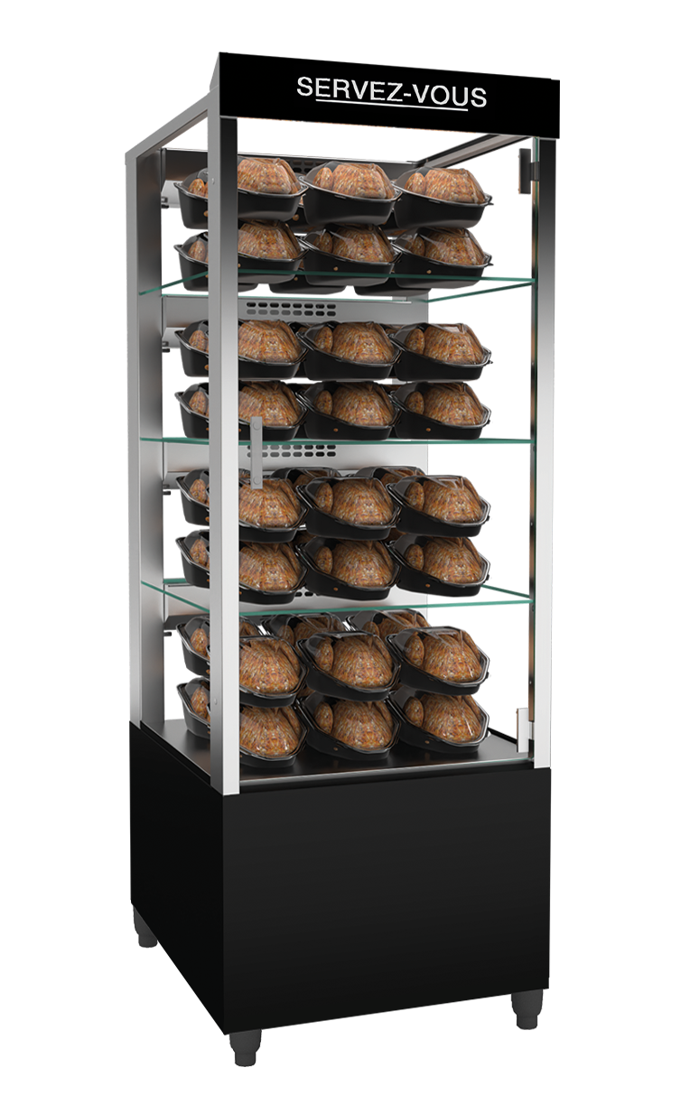 Chicken rotisserie oven with heated food display cabinet for bakery and restaurant use | Rôtissoire avec vitrine chauffante pour usage en boulangerie et restauration