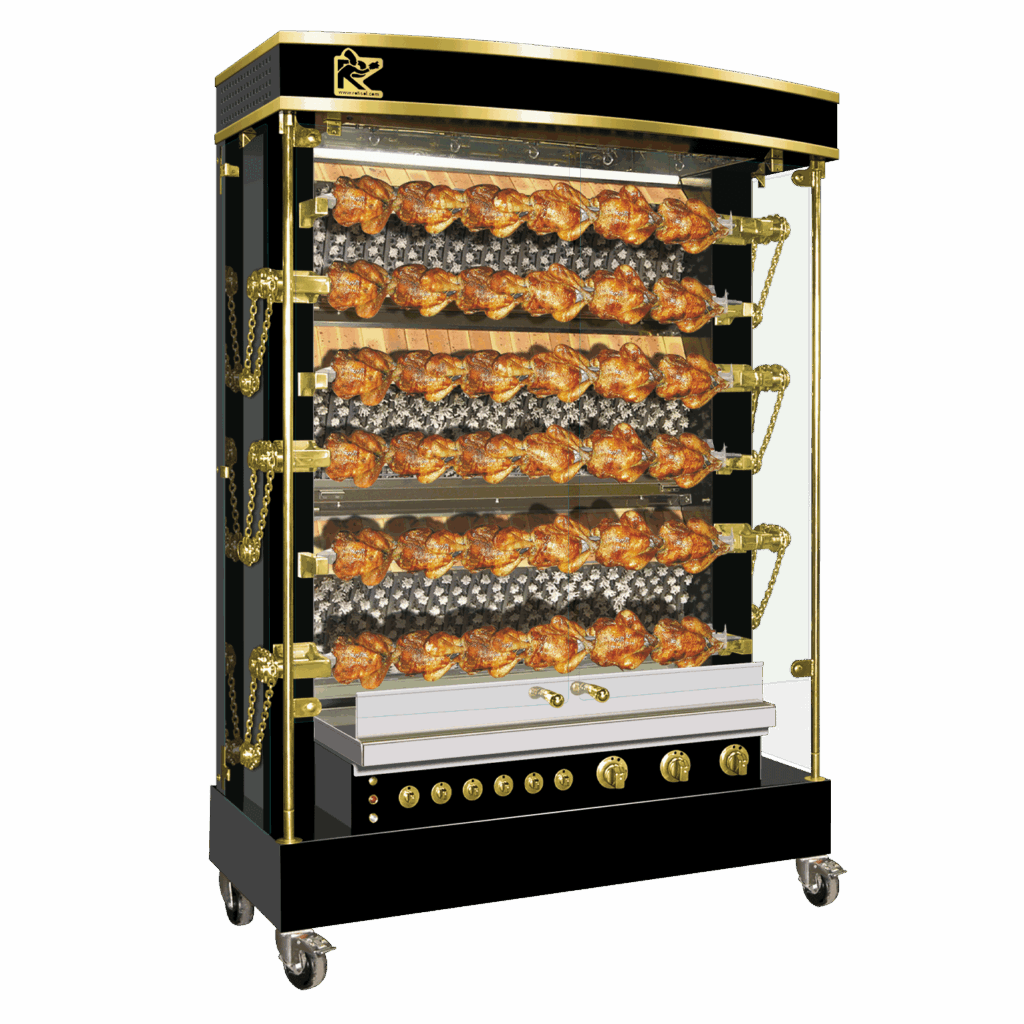 Commercial chicken rotisserie oven with stainless steel spit roasting system for restaurants | Four rôtissoire professionnel pour poulet avec système de broche en acier inoxydable pour restaurants